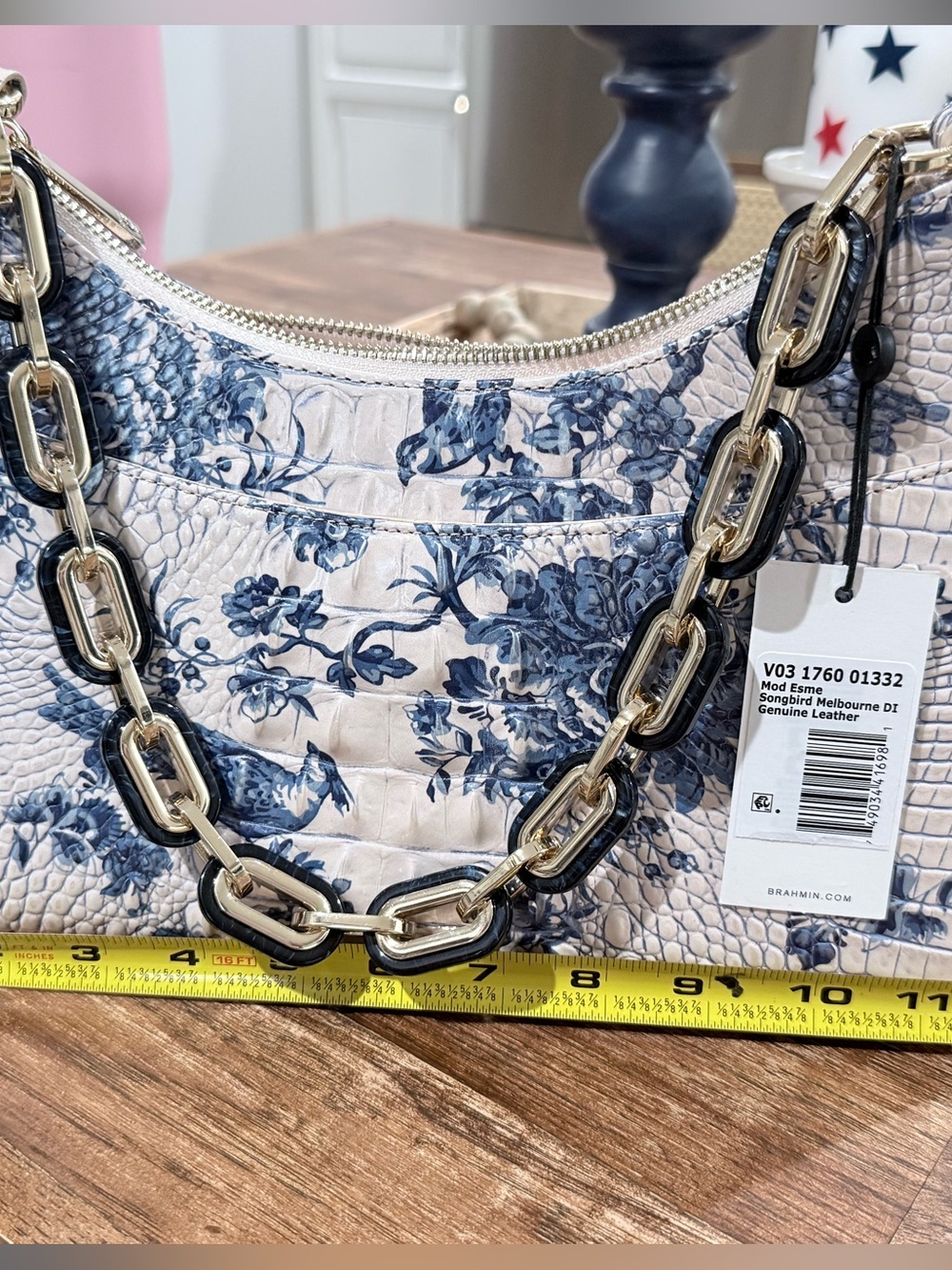 Brahmin Blue Floral Songbird Melbourne Embossed Leather Handbag